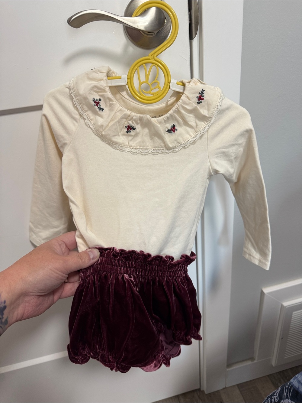 Kids Cream Embroidered Collar Top with Burgundy Velvet Bloomers - Matching Set